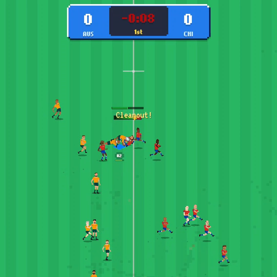 Rugby Mayhem development build: Australia and Chile contest a ruck on a striped pitch, with the scoreboard at 0–0
